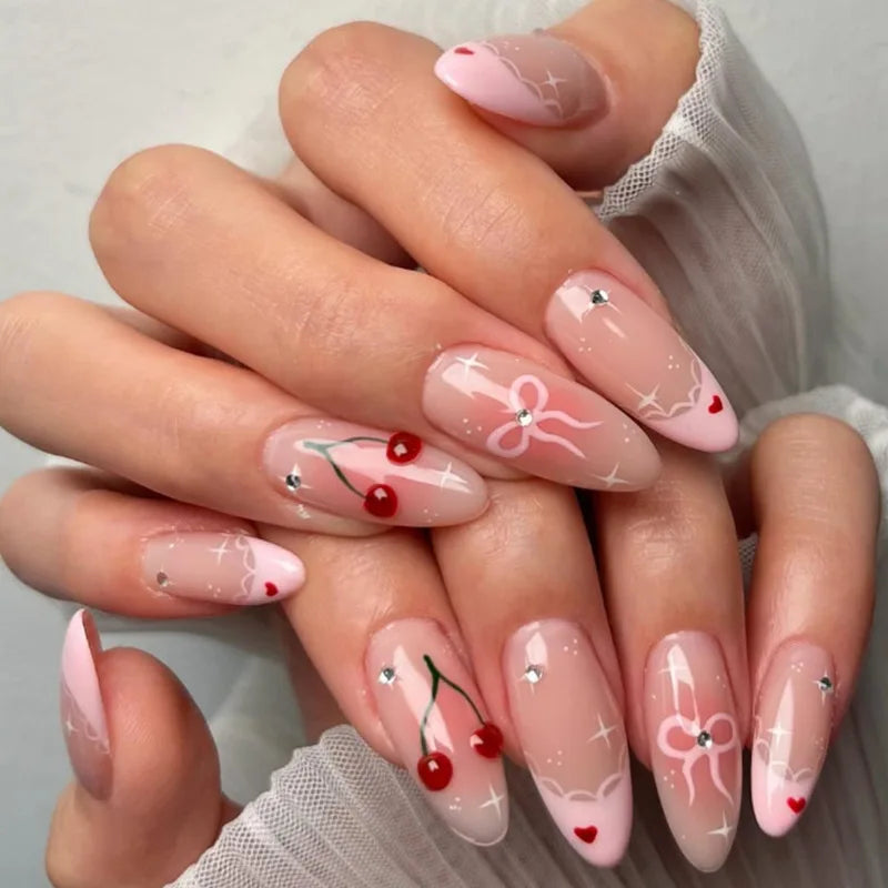 24pcs Red Almond False Nails Art Pearl Cherry Design Stick on Nail Tip Datachable French Leopard Print Short Press on Fake Nails