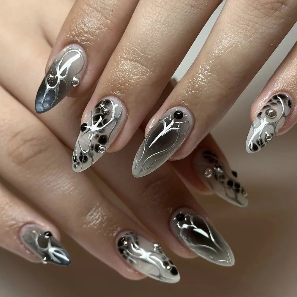 24Pcs Dark Press on Fake Nails with Black Glitter 3D Metallic Designs Sweet Cool Almond False Nails Detachable Nails Spice Girls