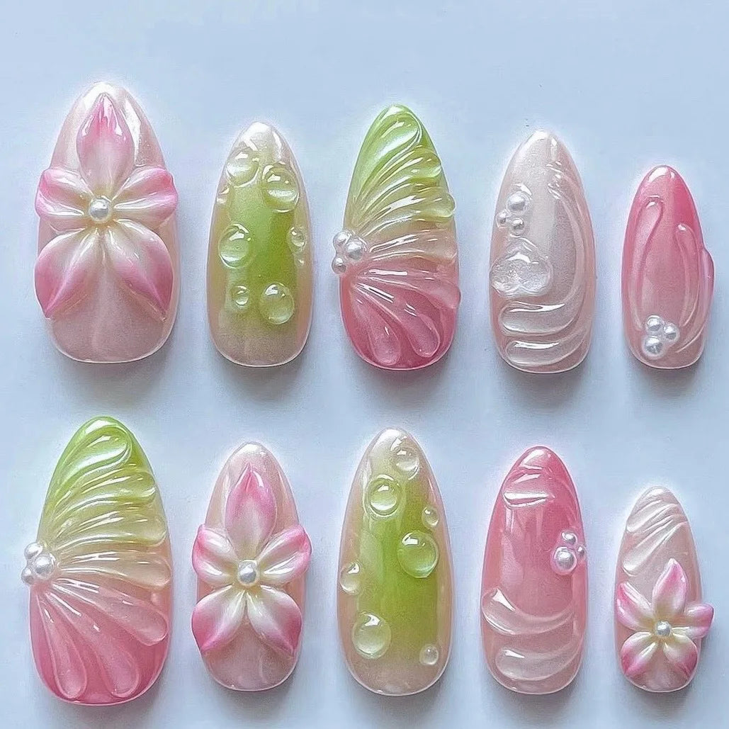 24pcs Wearable Press on Nails Strawberry Bow Design Nails Tips Red Short Almond Pearl Starlight Fake Nail Art Flower False Nails