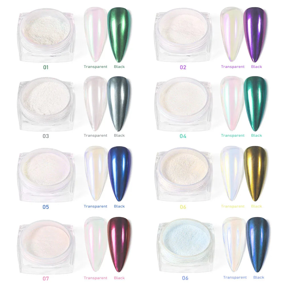 12Pcs/Set Aurora White Nail Mirror Powder 0.3g/Jar Shimmer Moonlight Chrome Pigment Dust for UV Gel Polish Manicure Decorations