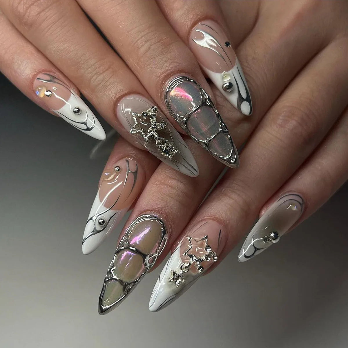 24Pcs Dark Press on Fake Nails with Black Glitter 3D Metallic Designs Sweet Cool Almond False Nails Detachable Nails Spice Girls