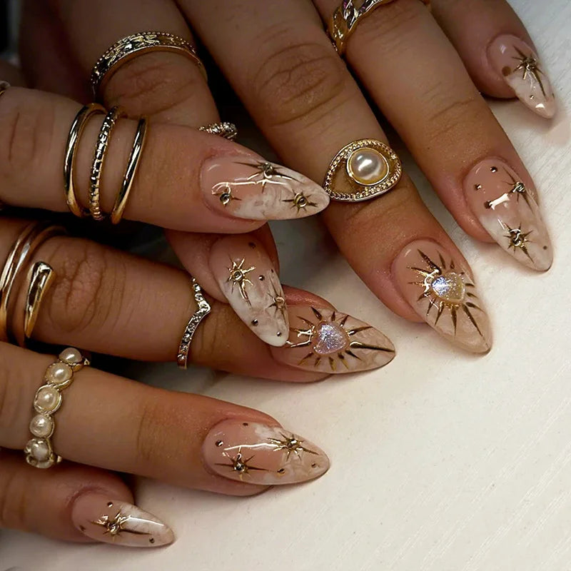 24Pcs Dark Press on Fake Nails with Black Glitter 3D Metallic Designs Sweet Cool Almond False Nails Detachable Nails Spice Girls