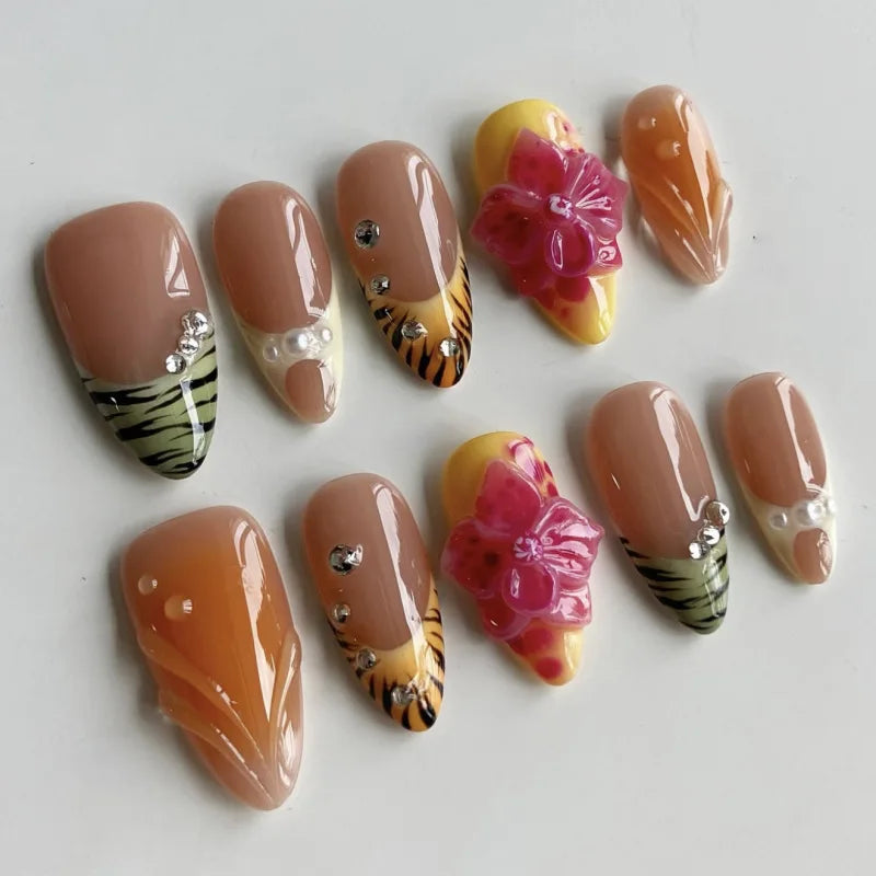24Pcs 3D Strawberry Rabbit Flower Fake Nails Press on Mid-length Almond Wearable False Nails Green Gradient Pearl Manicure Tips