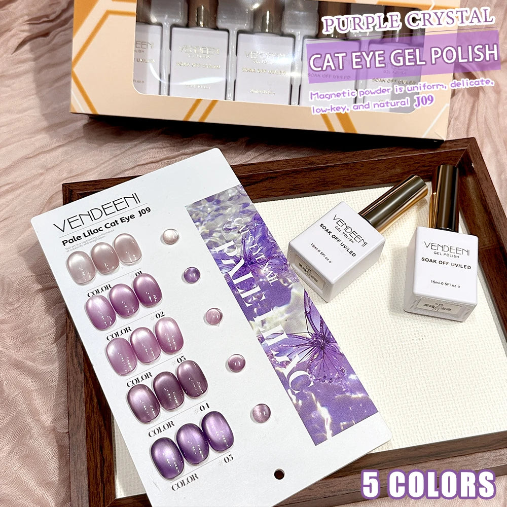 Vendeeni 5 Colors Purple Crystal Cat Eye Gel Nail Polish Set Magnetic UV Soak Off Gel Varnish Lavender Cat Eye Gel With Display