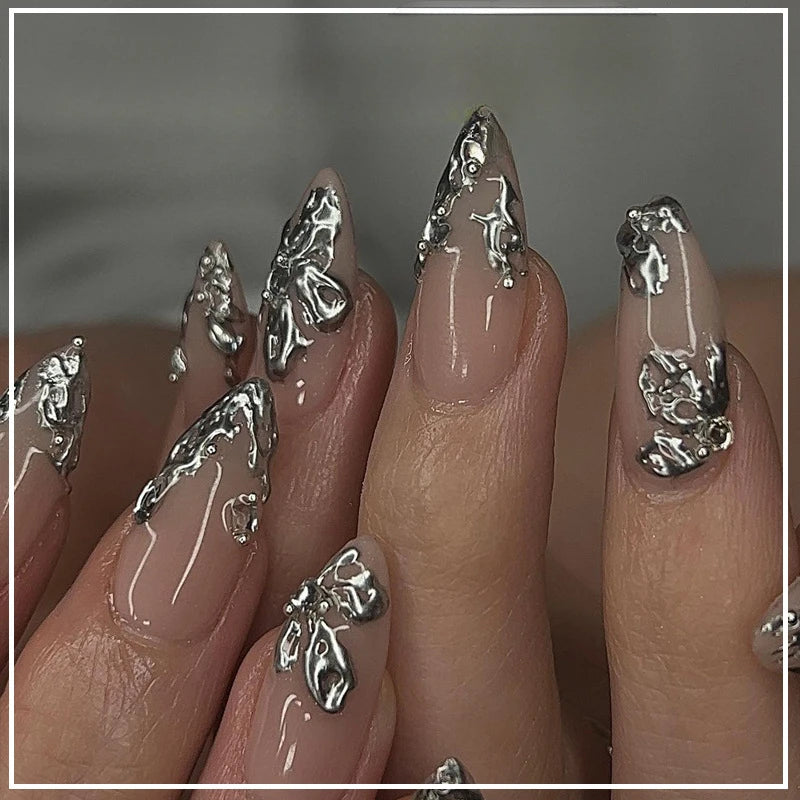 24Pcs Dark Press on Fake Nails with Black Glitter 3D Metallic Designs Sweet Cool Almond False Nails Detachable Nails Spice Girls