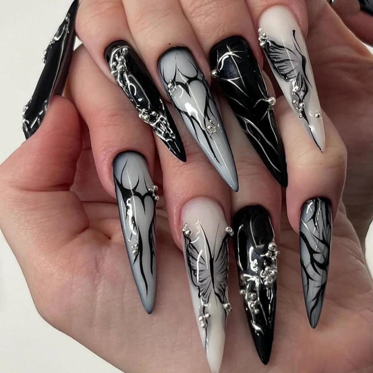 24Pcs Dark Press on Fake Nails with Black Glitter 3D Metallic Designs Sweet Cool Almond False Nails Detachable Nails Spice Girls