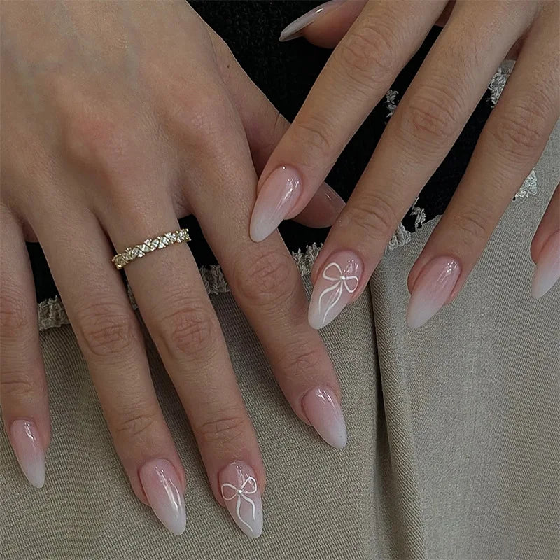 White French Press on Nails 3D Bowknot Fake Nails Tips Full Cover Wearable False Nails for Women and Girls DIY Manicure 24Pcs