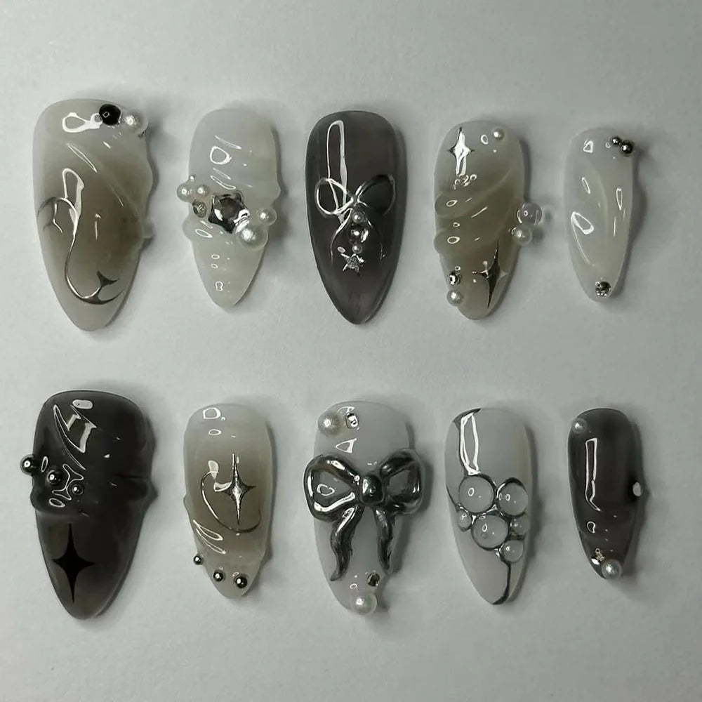 24Pcs Dark Press on Fake Nails with Black Glitter 3D Metallic Designs Sweet Cool Almond False Nails Detachable Nails Spice Girls
