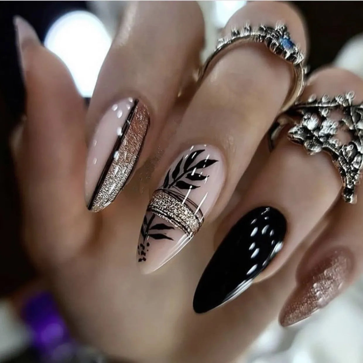 24Pcs Dark Press on Fake Nails with Black Glitter 3D Metallic Designs Sweet Cool Almond False Nails Detachable Nails Spice Girls