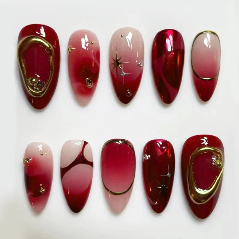 24Pcs Dark Press on Fake Nails with Black Glitter 3D Metallic Designs Sweet Cool Almond False Nails Detachable Nails Spice Girls