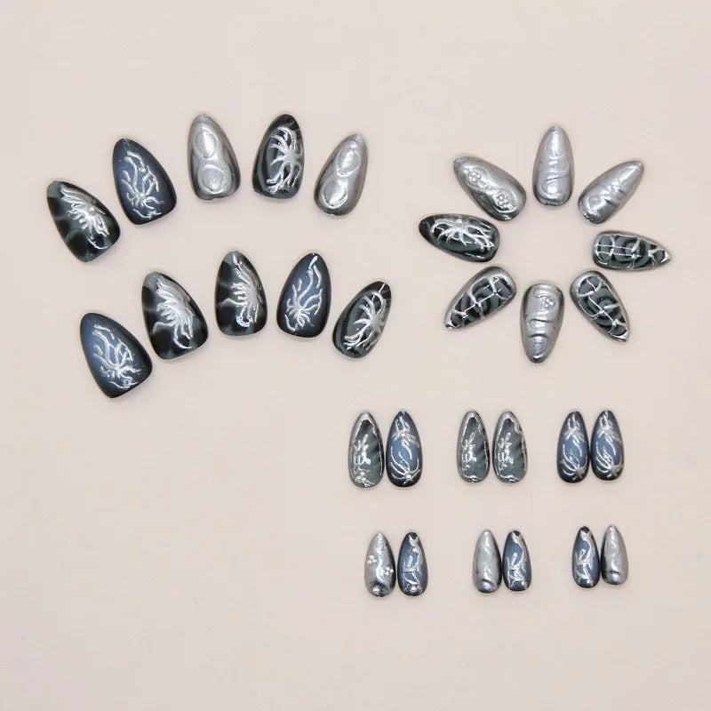 24Pcs Dark Press on Fake Nails with Black Glitter 3D Metallic Designs Sweet Cool Almond False Nails Detachable Nails Spice Girls