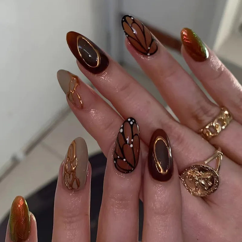 24Pcs Dark Press on Fake Nails with Black Glitter 3D Metallic Designs Sweet Cool Almond False Nails Detachable Nails Spice Girls