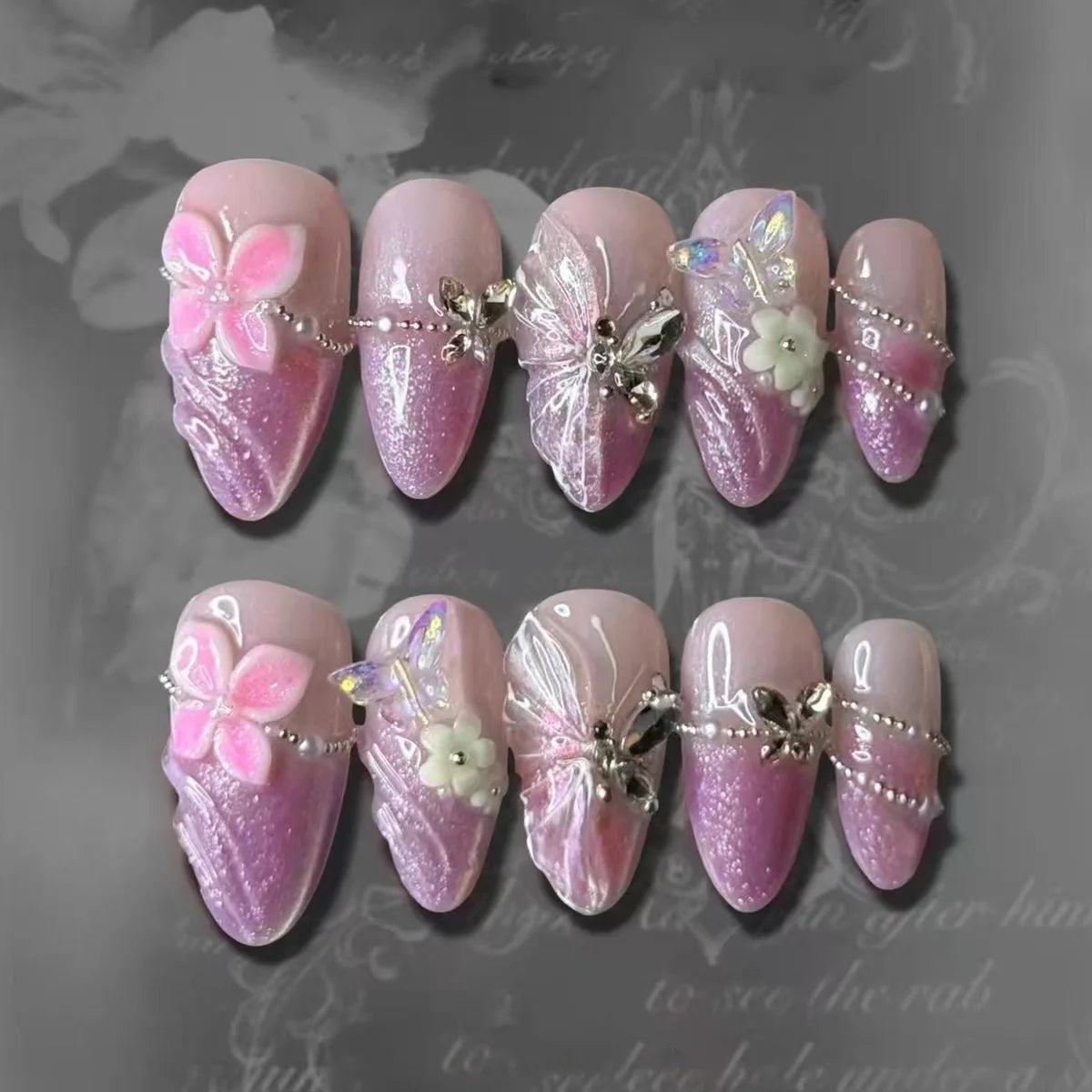 24Pcs 3D Strawberry Rabbit Flower Fake Nails Press on Mid-length Almond Wearable False Nails Green Gradient Pearl Manicure Tips