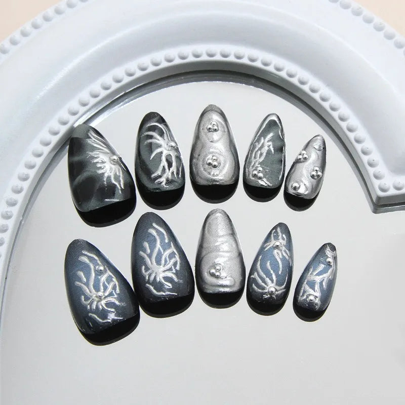 24Pcs Dark Press on Fake Nails with Black Glitter 3D Metallic Designs Sweet Cool Almond False Nails Detachable Nails Spice Girls