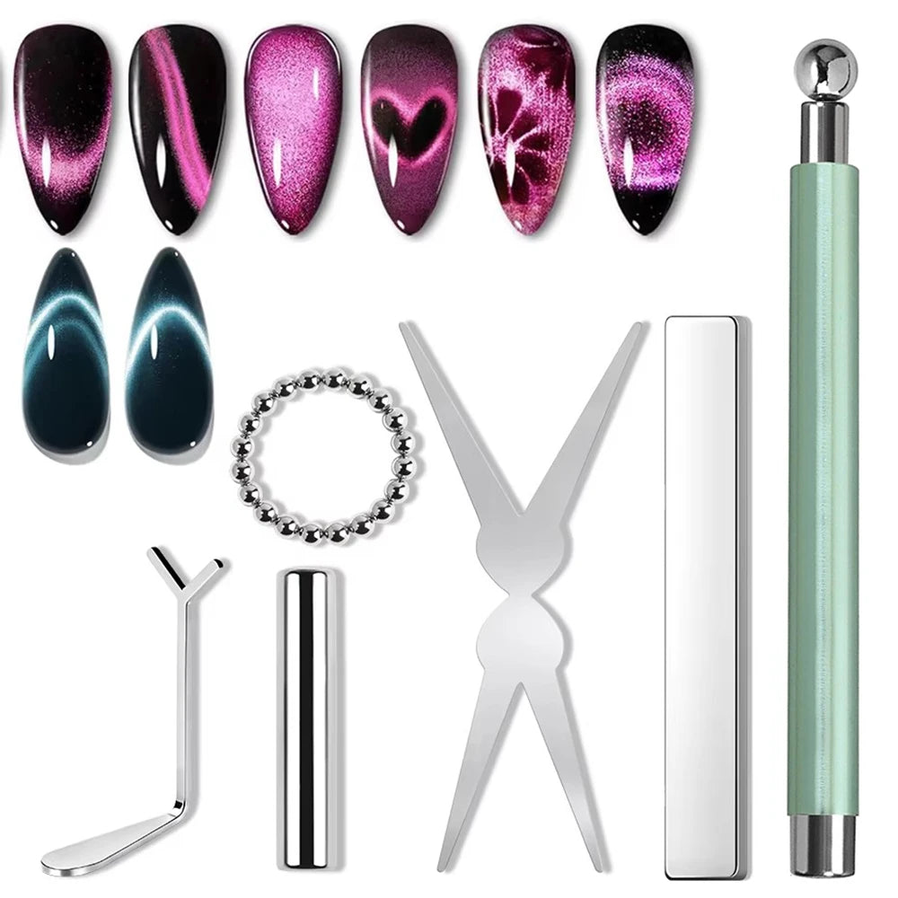 6Pcs Nail Magnet Tool Set Cat Eye French Tips Cat Eye Heart Magnets Nail Magnet Stick Cat Eye Gel Polish Magnets Tools Manicure