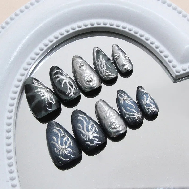 24Pcs Dark Press on Fake Nails with Black Glitter 3D Metallic Designs Sweet Cool Almond False Nails Detachable Nails Spice Girls