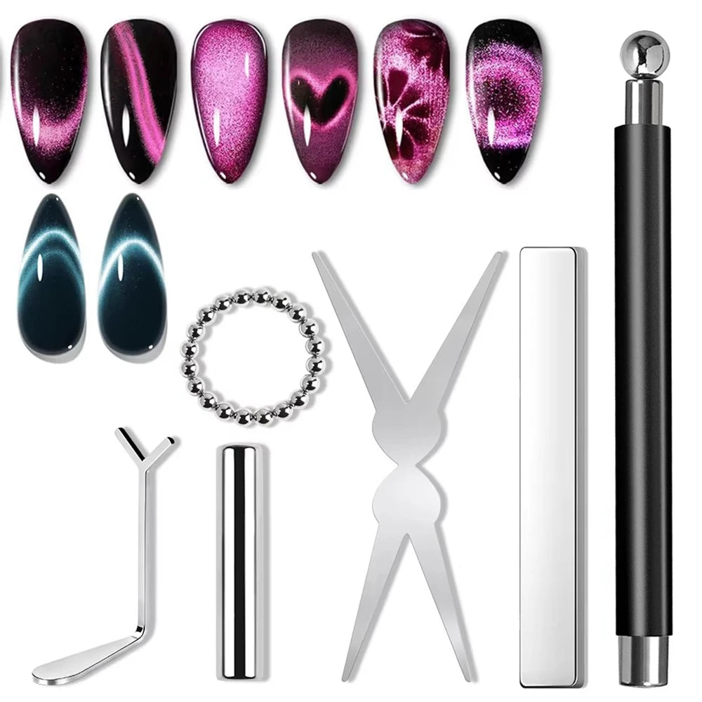 6Pcs Nail Magnet Tool Set Cat Eye French Tips Cat Eye Heart Magnets Nail Magnet Stick Cat Eye Gel Polish Magnets Tools Manicure